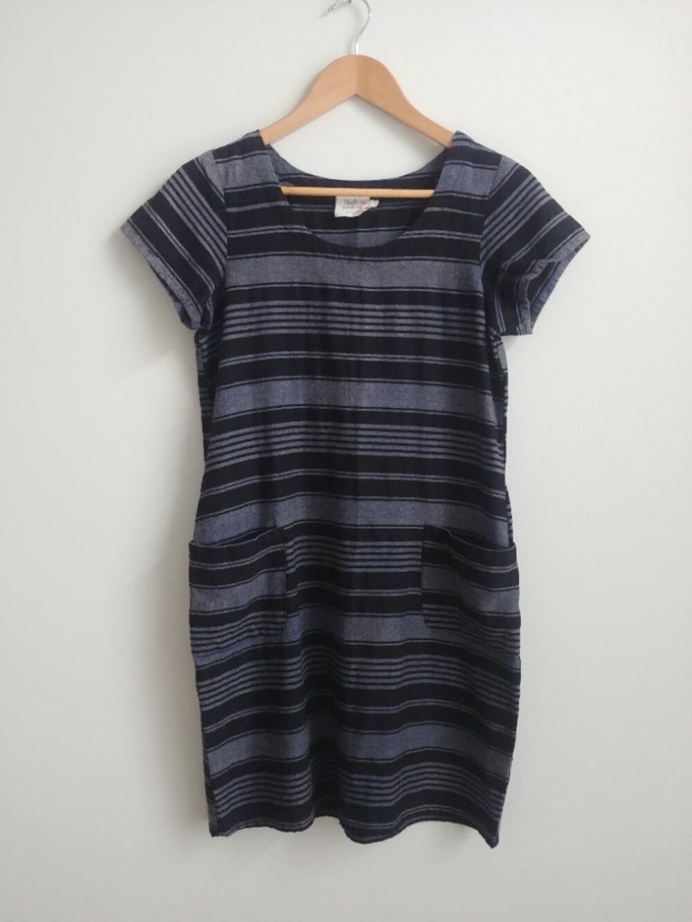 Mata Traders Small striped blue short sleeved mini dress with pockets cotton